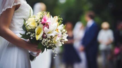 Obraz na płótnie Canvas Bride holding a flower bouquet on the wedding