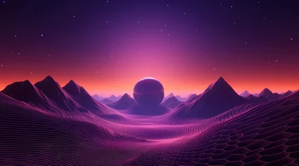 Foto op Plexiglas Futuristic purple neon light landscape background mixed with retro in classic colors. © Wayu