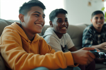 Fototapeta na wymiar hispanic black kids playing video game with controller smiling teens friends friendship happy complicity bond on a sofa in a living room having fun wearing yellow hoodie cheerful upbeat boys