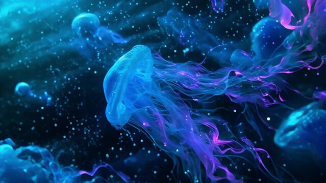 A shimmering curtain of neon blue and purple plankton lines the ocean surface creating a magical ambiance in the bioluminescent world.