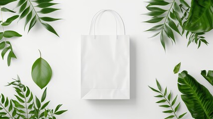 White paper bag with green leaves decoration - obrazy, fototapety, plakaty