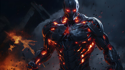 Red-Eyed Robot Standing in Front of City.