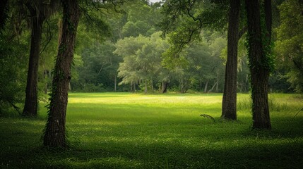 Fototapeta na wymiar Trees Growing on Grassy Field in Forest
