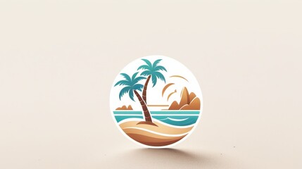 Fototapeta na wymiar Circular Beach Logo Featuring Palm Tree, Ocean Waves, and Sun