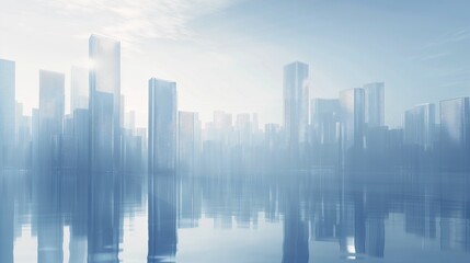 Fototapeta na wymiar city skyline lake foreground abstract white fluid gentle mists cloning facility empty buildings transparent glass deep smoothened