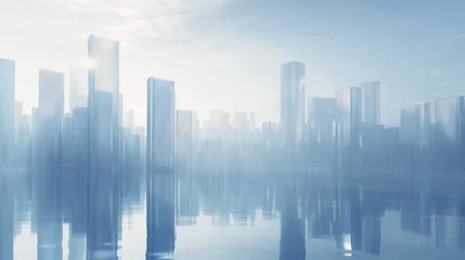 Fotobehang city skyline lake foreground abstract white fluid gentle mists cloning facility empty buildings transparent glass deep smoothened © Cary