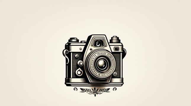 Vintage Camera Illustration Logo with Detailed Artwork and Ornamental Elements on a Cream Background