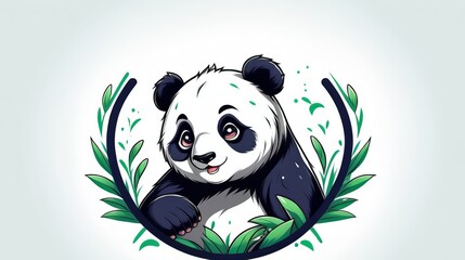 Illustrated Panda Logo with Green Foliage Frame on Light Background