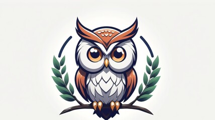 Detailed Illustration of an Owl Logo with Orange and White Feathers, Perched on a Branch, Surrounded by Green Leaves