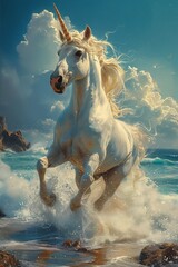white horse running deep beach cavalry flowing aqua silk - obrazy, fototapety, plakaty