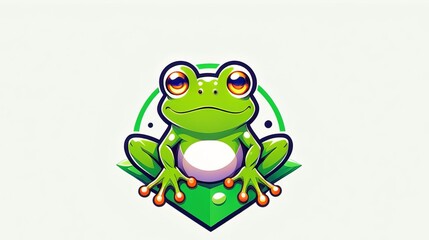 Vibrant Green Frog Logo with Orange Accents on Geometric Background