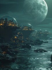 Image of large moon shining city world fifth element underwater home princess scattered islands final year printed on Printed Aluminium Shower Panels