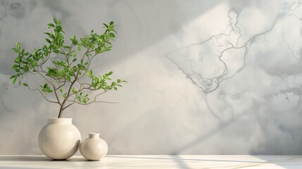 two vases plants table white marble texture flat shaped stone relief cracked paint tracing eclipse wall palm lines