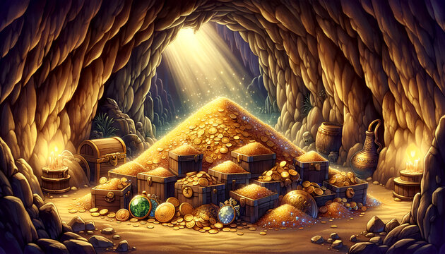 Illustration of a legendary treasure hidden in a cave, for children's literature.
Generative AI.