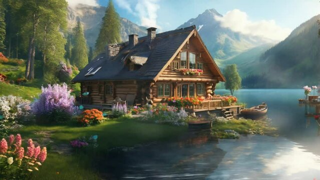 A wooden house with a lake, with a garden in the yard and beautiful mountains. Seamless looping 4K video background.