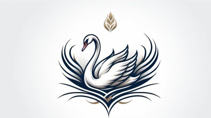 Elegant Swan Logo with Graceful Blue and White Feathers and Golden Leaf Element on a Clean Background