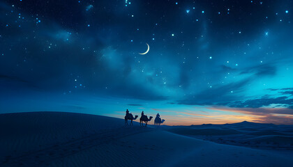 A tranquil desert scene at night with camels, a caravan, and a crescent moon in the starry sky, representing the concept of Ramadan. - obrazy, fototapety, plakaty