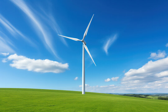 Eco-friendly wind turbine in a green field under blue skies, AI Generative.
