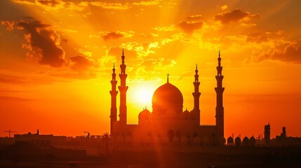 Mosque Silhouette Gracefully Set Against the Warm Hues of a Sunset