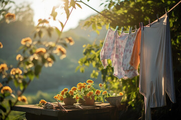 Rural charm in a tranquil scene of laundry drying outdoors AI Generative.