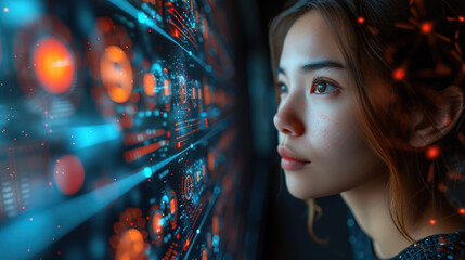 The future of AI and businesswomen Data and cyber connectivity, IOT overlays and technological innovation.