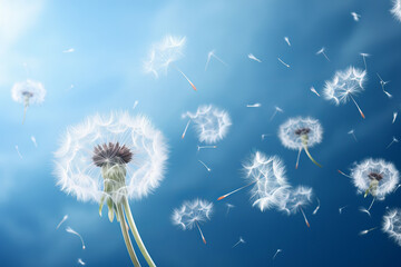 Free-floating dandelion seeds whisked away by the wind against a serene blue background, depicting change, AI Generative.