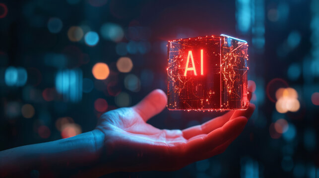 A glowing red cube with AI written on it over a hand. Artificial Intelligence technology concept