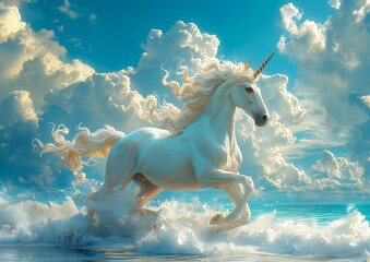 Obraz na płótnie Canvas unicorn running ocean clouds background wearing clothing born way spangle bright
