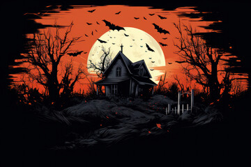 Retro silhouette of a haunted house against a full moon, in AI Generative style.
