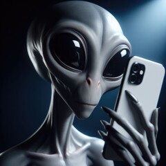  A grey-skinned alien with large, black, almond-shaped eyes holding a smartphone close to its face. The alien has a slender and elongated head, with prominent cheekbones and no visible nose or ears - obrazy, fototapety, plakaty