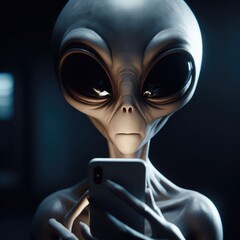 A grey-skinned alien with large, black, almond-shaped eyes holding a smartphone close to its face. The alien has a slender and elongated head, with prominent cheekbones and no visible nose or ears - obrazy, fototapety, plakaty