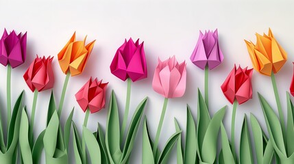 brightly colored paper flowers arranged row white surface technology review cutouts plain color tulips folded geometry reduce duplication homes gardens