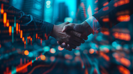 Business success concept. Hands shaking against a backdrop of rising stock graphs and glowing screens, encapsulating the moment of sealing a deal, partnership triumph, or reaching a milestone.