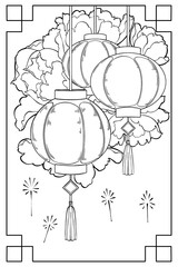 Chinese New Year illustration, lanterns and peony flowers, holiday poster, black and white, digital art.