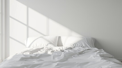 A peaceful bedroom with white linens bathed in sunlight, serenity by AI Generative.