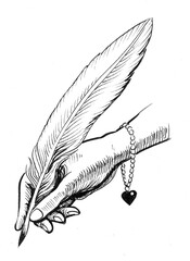 Hand writing with quill. Hand-drawn black and white illustration