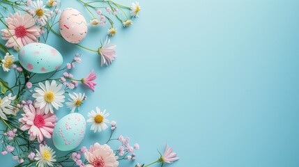 closeup flowers eggs blue surface banner bunny ears full view blank background justify content center holding gift magic list color reduce duplicate - obrazy, fototapety, plakaty