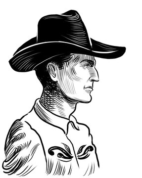 American cowboy. Hand-drawn black and white illustration