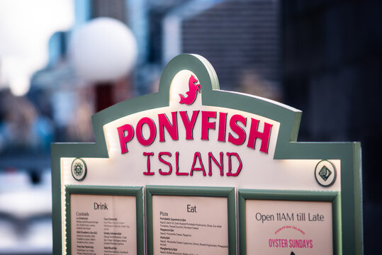 Melbourne, Victoria, Australia, April 16, 2023: Ponyfish Island is a bar located under Melbourne's Southbank Pedestrian Bridge. It is a floating island made of recycled materials.