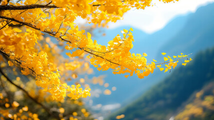 Naklejka na ściany i meble Vibrant yellow autumn leaves in a forest scene AI Generative.