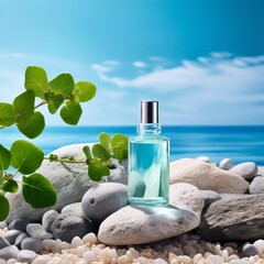 Fototapeta na wymiar Perfume bottle on the pebbles with sea and sky background