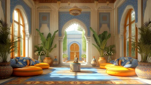 Cozy living room in middle-eastern style with Ramadan decorations. seamless looping 4k time-lapse animation video background
