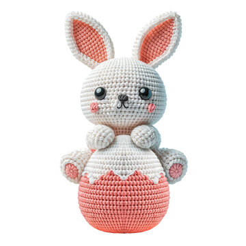 A cute knitted Easter bunny sitting on top of a giant Easter egg made of yarn