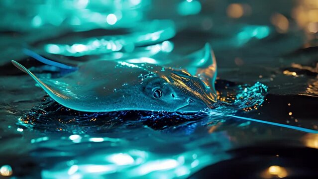 A stingray gracefully gliding through the water its body outlined in shimmering neon lights.