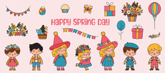 Fototapeta premium Happy first day of spring Cute baby elements with colorful flowers illustration. Vector