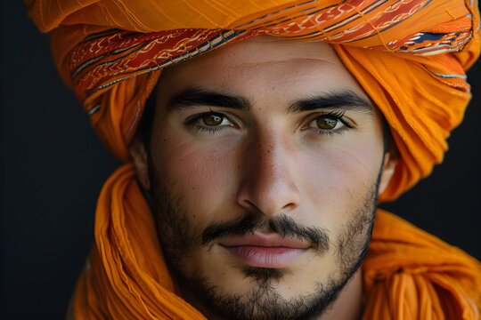 A young Arab man is dressed in traditional clothes and a turban, representing cultural diversity and pride