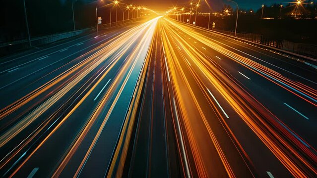 A closeup of the highway shows the intricate patterns created by the light streaks of vehicles ping by in a long exposure shot.
