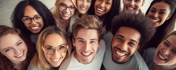 Obraz premium overhead shot captures a cheerful moment among a diverse group of people 