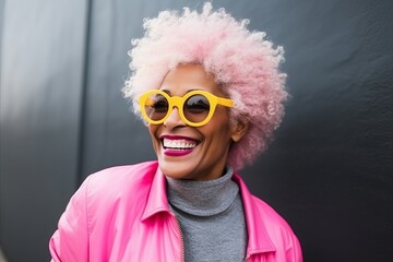 stylish afro american woman in pink jacket and yellow sunglasses