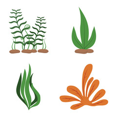 Coral Reef Underwater Icon Collection. Ocean Plant Elements. Isolated Vector